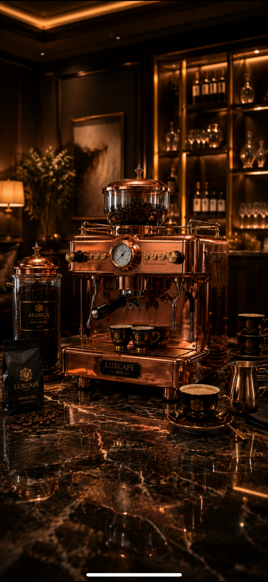 Comptoir de café avec machine espresso, tasses et ambiance chaleureuse