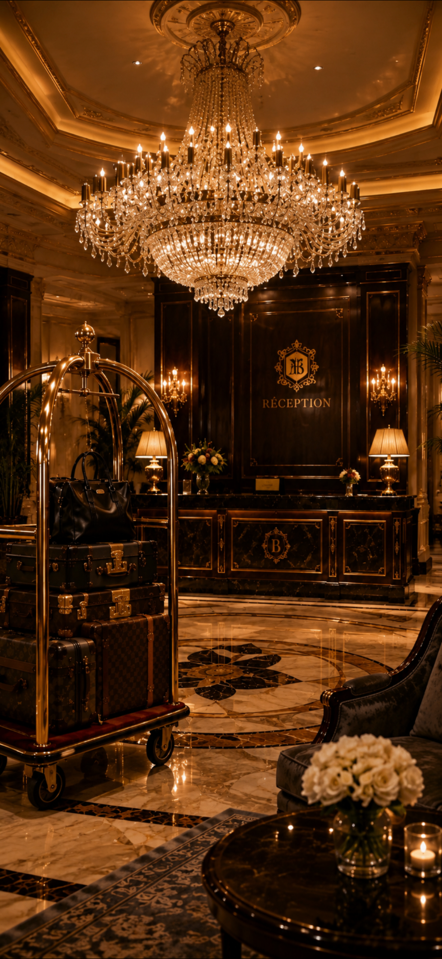 Hall de réception d'hôtel palace, lustre cristal, chariot bagagerie laiton, marbre, dorures — ambiance hospitalité de luxe