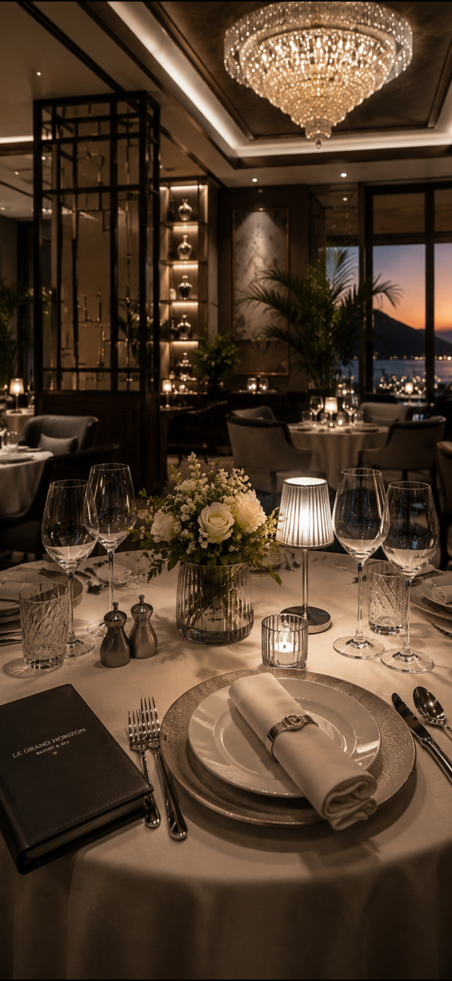 Salle de restaurant gastronomique tamisée, tables dressées avec verrerie et arts de la table