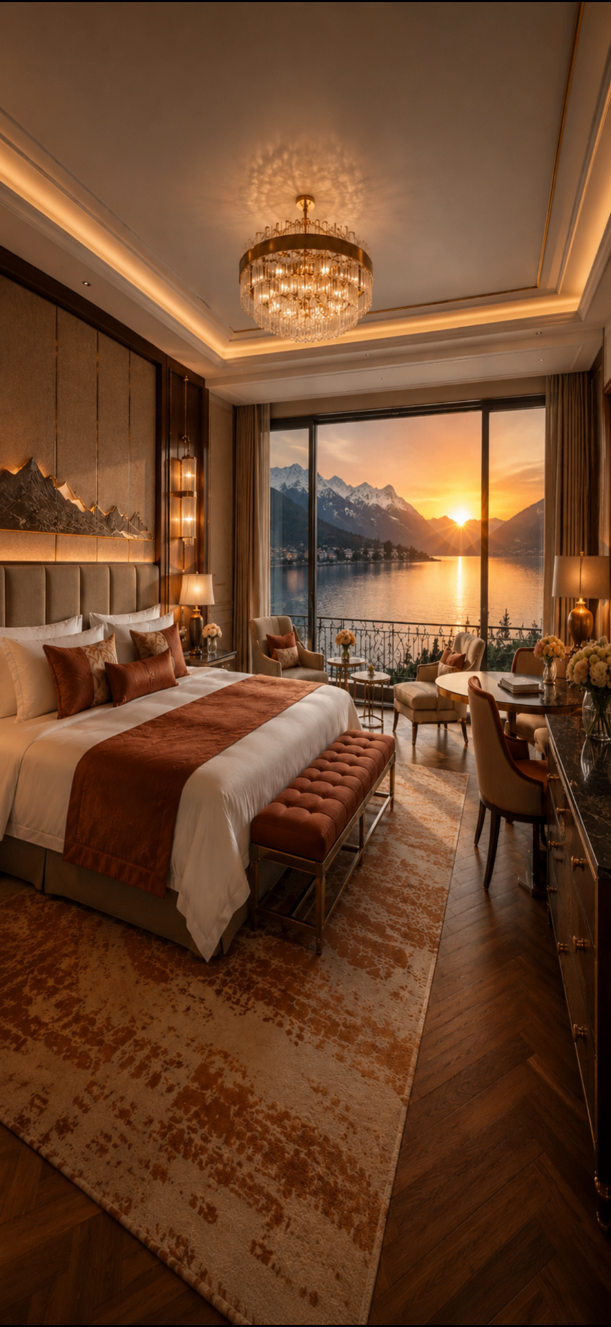 Suite palace vue lac et montagnes alpines au coucher de soleil, lustre cristal, mobilier ambré — hospitalité signature suisse